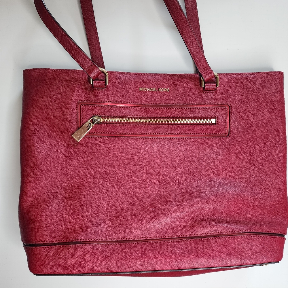 Michael Kors Red Leather Tote Bag with Laptop Padding